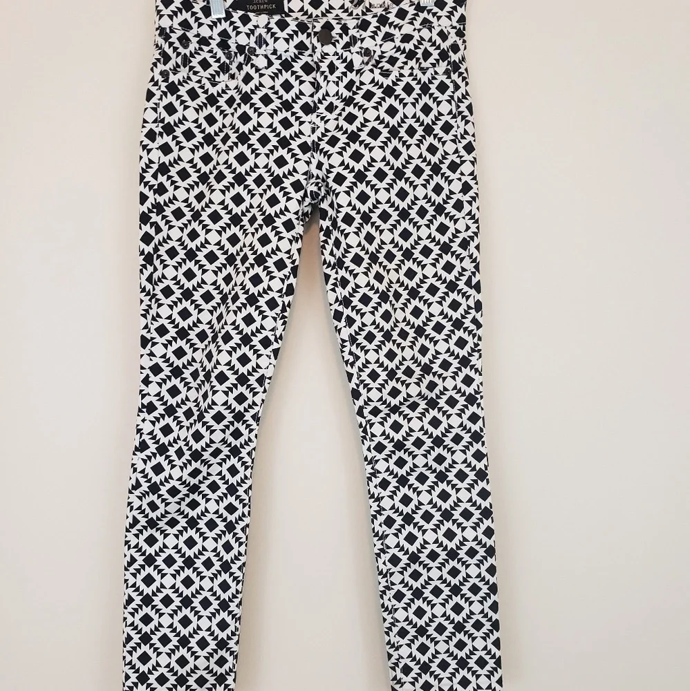 J. Crew Mosaic Print Toothpick Skinny Jeans Navy Blue White Size 27 Size 4